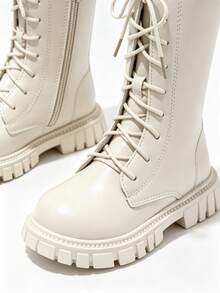 Toddler Girls White Knee-High Combat Boots, Lace-Up Side Zipper Thick Sole Winter Boots, Kids Chunky Sole Non-Slip High-Top Boots (White Boots Random 2 Colors Lining) - Beige - View 4