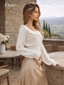 Vuslat Women's Autumn French Style Round Neck Ruffle Trim Pullover Sweater, Suitable For Party, Birthday, Back To School, Commute, Christmas - Apricot - View 7
