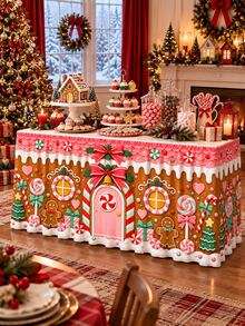 Christmas Gingerbread Table Skirt, Polyester Gingerbread House Candy Cane Peppermint Candy Print Table Cover For Dessert Buffet Cake Table, Xmas Holiday Party Home Decorations - B - View 1