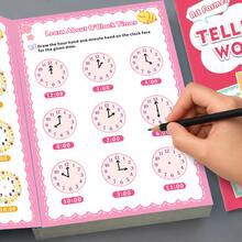 32-Page Children's Time-Telling Practice Book, Preschool Clock Recognition Workbook, Home & School Learning And Educational Support Tool, Children's Time Matching Math Activity Workbook - Pink - View 5