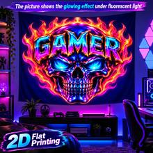 2D Flat Pattern, Single Piece, Game Theme Skull Flame Tapestry, Neon Colors, Glowing Skull Flame, Game Theme Letter Pattern, Glows Under Fluorescent Light, Wall Decor Tapestry, Gaming Room Backdrop, Party Decoration - Multicolor - View 5