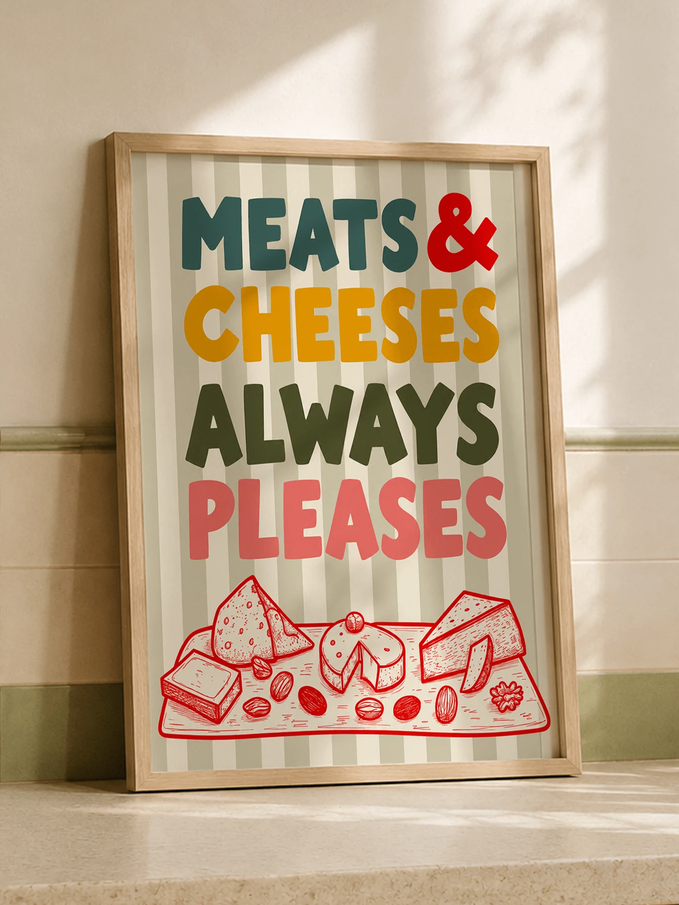 1pc Meats & Cheeses Always Pleases Canvas Wall Art,Striped Background Fun Retro Food Quote Poster Print,Unframed Playful Kitchen Dining‑Area Wall Painting For Home Decor - Text a - View 1