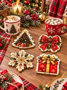 4pcs-Rustic Christmas Coasters Set Of 4, Vintage Distressed Wood Edge Xmas Tree Bow Snowflake Present Cup Coasters, Farmhouse Holiday Drink Mats For Coffee Table Kitchen Counter, Winter Xmas Party Table Decor Housewarming Gift - Multicolor - View 6