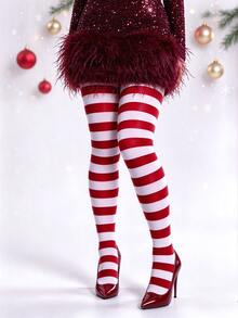 1 Pair White & Red Horizontal Striped Tights, Elastic Full Foot Pantyhose, Punk Style Party Outfit - Multicolor - View 1