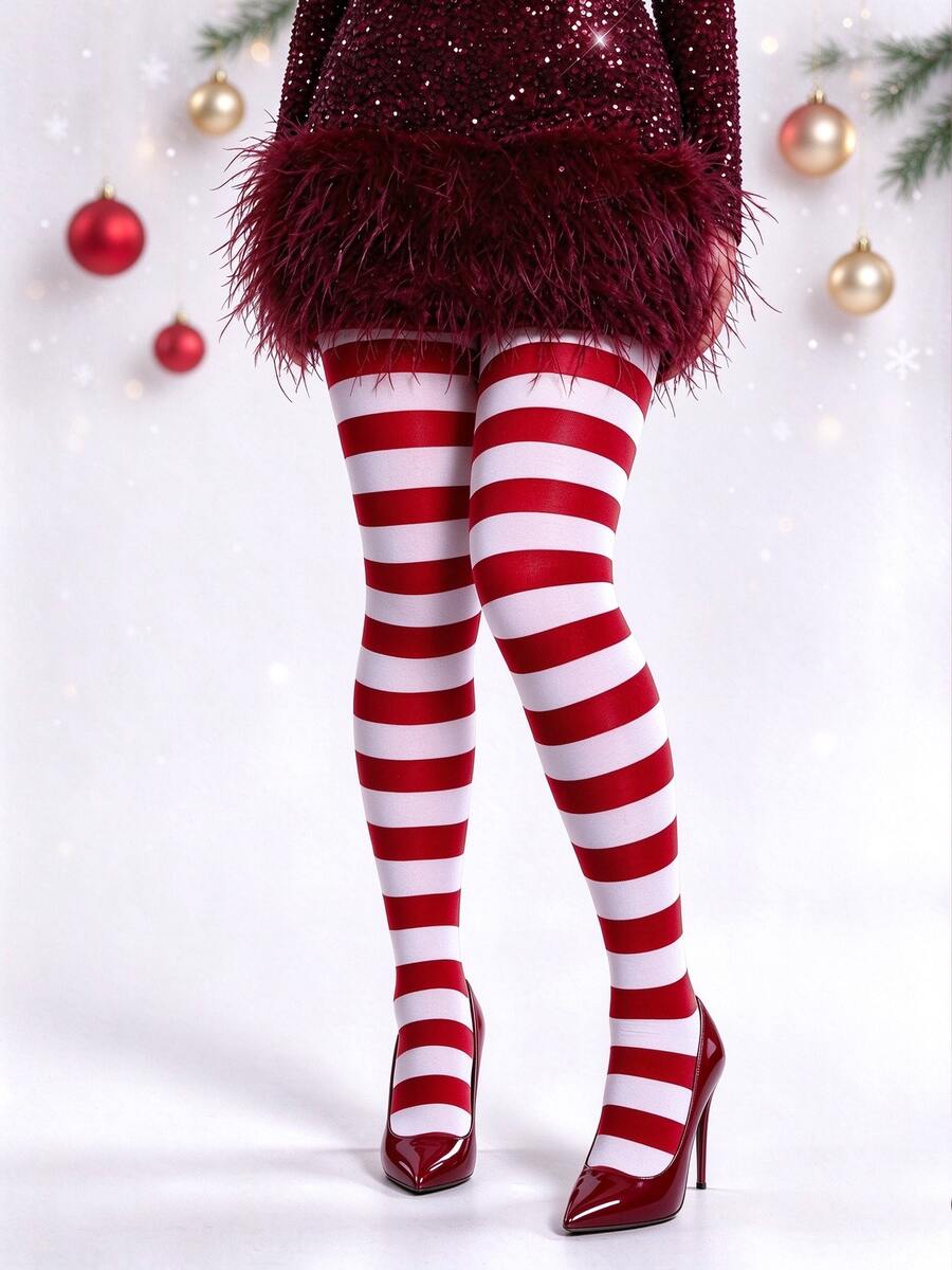 1 Pair White & Red Horizontal Striped Tights, Elastic Full Foot Pantyhose, Punk Style Party Outfit - Multicolor - View 1
