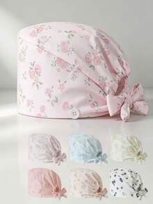 1pc Women's Foam Embroidered Butterfly Rose Floral Print Tie-Up Work Cap, Side Button Design Adjustable Headwrap Hat, Breathable Dust-Proof Beauty Salon Kitchen Protective Cap - Foam Rose Flower - View 8