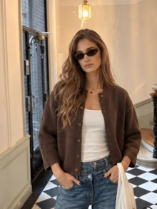 1 buah Cardigan Rajut Lengan Panjang Wanita Kerah Bulat Kancing Tunggal, Jaket Pendek Longgar Warna Polos, Atasan Lapisan Dasar Minimalis, Cocok Untuk Perjalanan, Jalan-jalan Harian, dan Pertemuan Akhir Pekan - Coffee Brown - View 4
