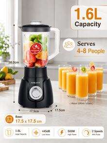 SOKANY 2-In-1 Blender And Grinder, 1.6L Capacity Cup, Ice Crushing, 4 Stainless Steel Blades, 2-Speed And Pulse Control, With Coffee Bean And Spice Grinding Cup, Suitable For Milkshakes And Home Kitchen - Black - View 2
