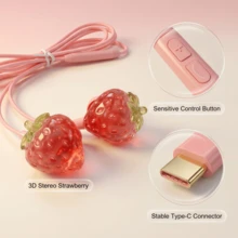 1pc New Pink Wired Earphones, 2 Colors Available, Compatible With Type-C Full In-Ear DIY Cute Jewelry Crystal Strawberry Wired Earphones, With Volume Control Function, Built-In Microphone, High-Definition Call Phone Earphones - View 4