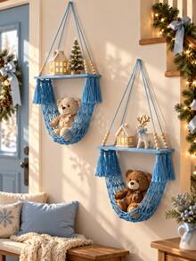 1pc Wall-Mounted Storage Shelf, Hand-Woven Tassel Blue Hanging Rack, Christmas Small Ornament Display Shelf, Home Wall Decor, Holiday Party Background Decoration, Suitable For Bedroom, Living Room, Books, Photo Frames, Aromatherapy, Cosmetics, Plush Ornaments, Dorm Storage, Gift - Multicolor C - View 6