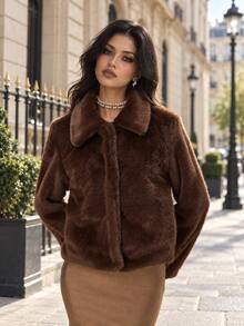 Women's Fashionable Metal Trim Fuzzy Tassel Glitter Long Sleeve Crew Neck Jacket Winter Brown - Brown - View 7