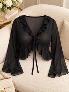 Women's Black Sheer Ruffle Short Blouse, Long Flare Sleeve Tie Front Chiffon Shirt - Black - View 3