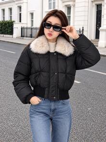 Women's Patchwork Fur Collar Long Sleeve Casual Winter Jacket - Black - View 11