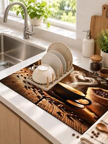1pc Wood Grain Cafe Coffee Cup Style Absorbent Dish Drying Mat, Kitchen Sink Mat, Coffee Machine Mat, Dishwashing Mat, Countertop Protector, Suitable For Cups, Plates, Tableware And Home Kitchen Decor - Multicolor - View 3