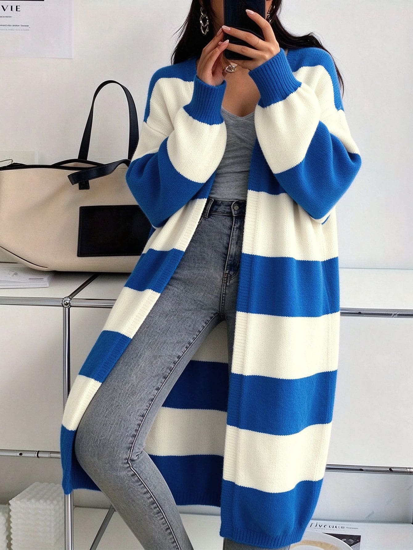 Women's Knitted Cardigan Sweater, Open Front Long Loose Fit Long Sleeve, Contrast Color Wide Stripe Detail, Thick Soft Knit Texture, Women's Autumn Apparel, Casual Outerwear - Blue and White - View 1