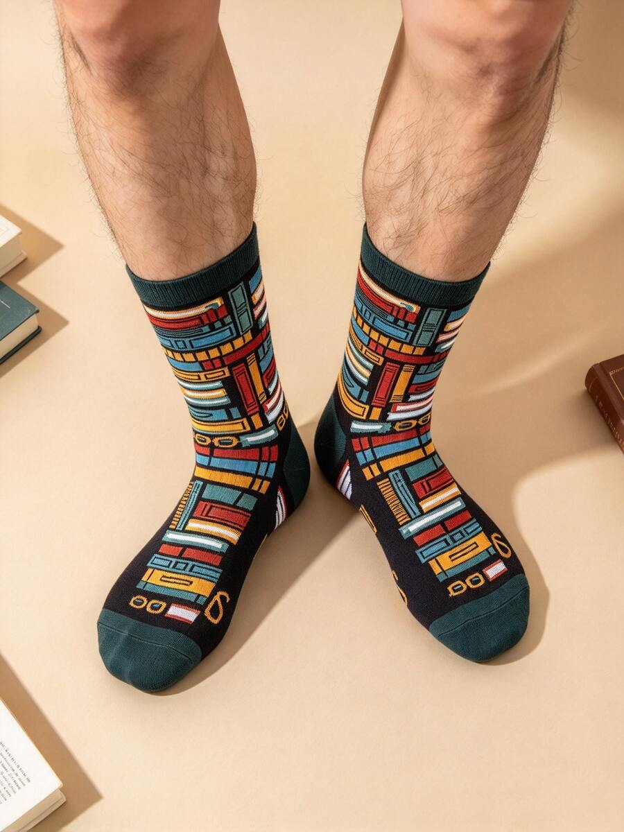 Kaos Kaki Setengah Betis Motif Rak Buku Klasik, Gaya Sastra Artistik, Kaos Kaki Kasual Serbaguna Unisex - MultiWarna - View 1