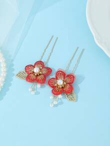 1pc Vintage Flower Hair Accessory, Handmade Embroidered Petals With Pearl And Gold Leaf Hair Pin - Red - View 5