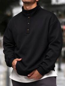 Men's Autumn/Winter Popular Casual Versatile Minimalist Button Up Collar Commuter Long Sleeve Sweatshirt - Black - View 4