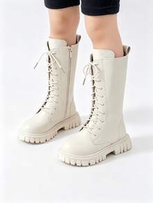 Toddler Girls White Knee-High Combat Boots, Lace-Up Side Zipper Thick Sole Winter Boots, Kids Chunky Sole Non-Slip High-Top Boots (White Boots Random 2 Colors Lining) - Beige - View 2