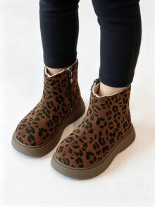 1 Pair Kids' Maillard Leopard Print Short Chelsea Boots With Inner Zipper Easy On/Off, Casual Boots To Pair With Denim Jacket - Brown - View 2