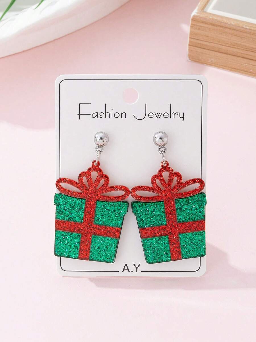 1 Pair Christmas Sparkling Patchwork Gift Box Design Women's Fashion Jewelry Earrings, Perfect Gift For Holiday Parties - Green - View 1
