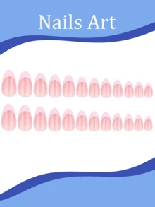 24pcs Short Oval Pink French Manicure Nail Stickers, Minimalist Style Full Coverage Daily Wear False Nails For Women & Girls - Pink - View 2