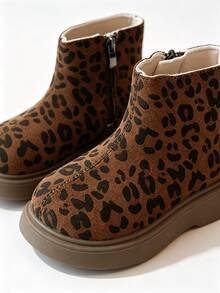 1 Pair Kids' Maillard Leopard Print Short Chelsea Boots With Inner Zipper Easy On/Off, Casual Boots To Pair With Denim Jacket - Brown - View 8