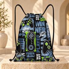 Boys And Teens Game Text And Green Controller Print Drawstring Backpack, Black Design With Green Cord Lock, Suitable For School, Gym And Travel - GAME-4 - View 7