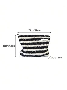AGG,Black White Striped Plush Cosmetic Bag For Women, Large Capacity Portable Makeup Pouch, Soft Fluffy Travel Toiletry Storage Bag - Multicolor - View 9
