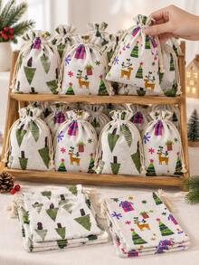 Christmas Drawstring Gift Bags, 5.51in X 3.93in, Reusable Fabric Pouches With Random Festive Tree, Reindeer & Present Prints, Small Holiday Gift Wrapping Bags For Jewelry, Party Favors, Stocking Stuffers & Christmas Table Decorations - Christmas Gift Bag Style C - View 3