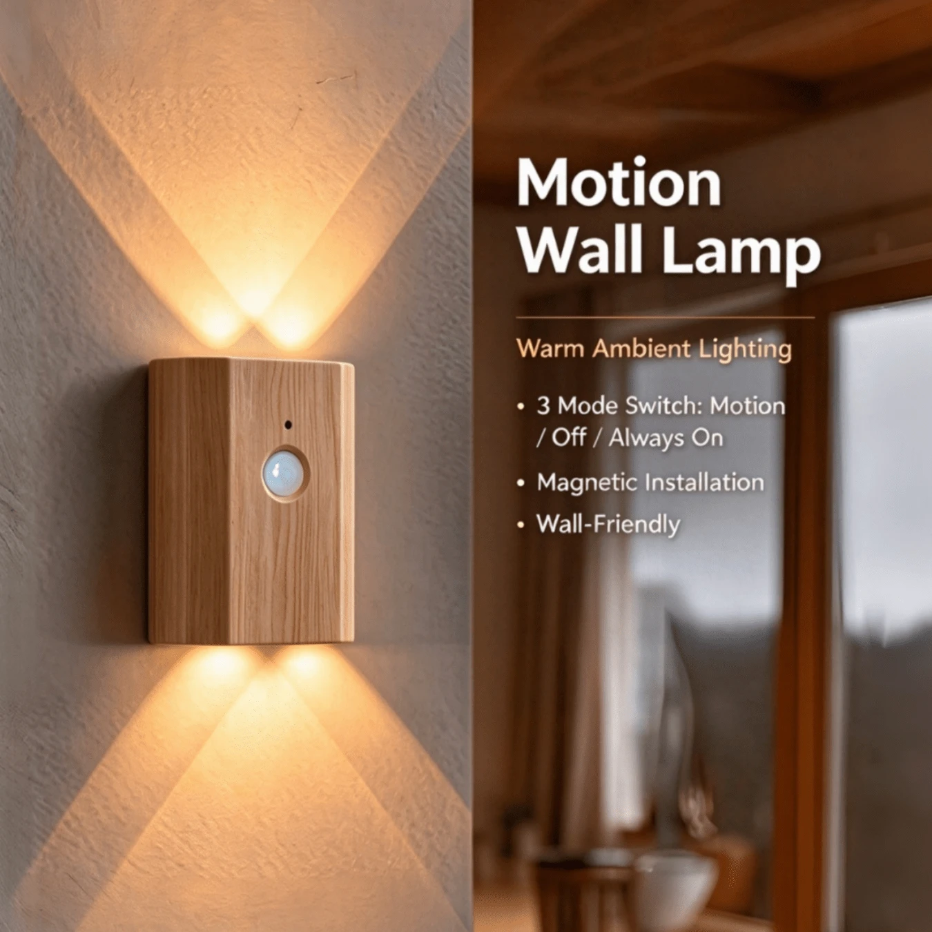 1PC Wood Grain Shell Modern Minimalist Motion Sensor Wall Light, USB Rechargeable, Magnetic Mount No-Drill Installation, For Hallway, Corridor, Closet, Stairs, Bedroom, Bathroom, Home Atmosphere Light - one-size - View 1