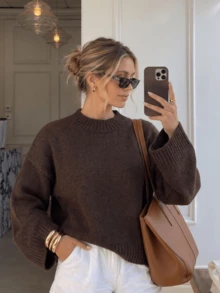 1pc Women's Coffee Brown Semi-High Neck Dropped Shoulder Long Sleeve Knit Sweater, Short Loose Fit Pullover Top, Minimalist Basic Style For Street, Daily Wear, Weekend Gatherings - Coffee Brown - View 1
