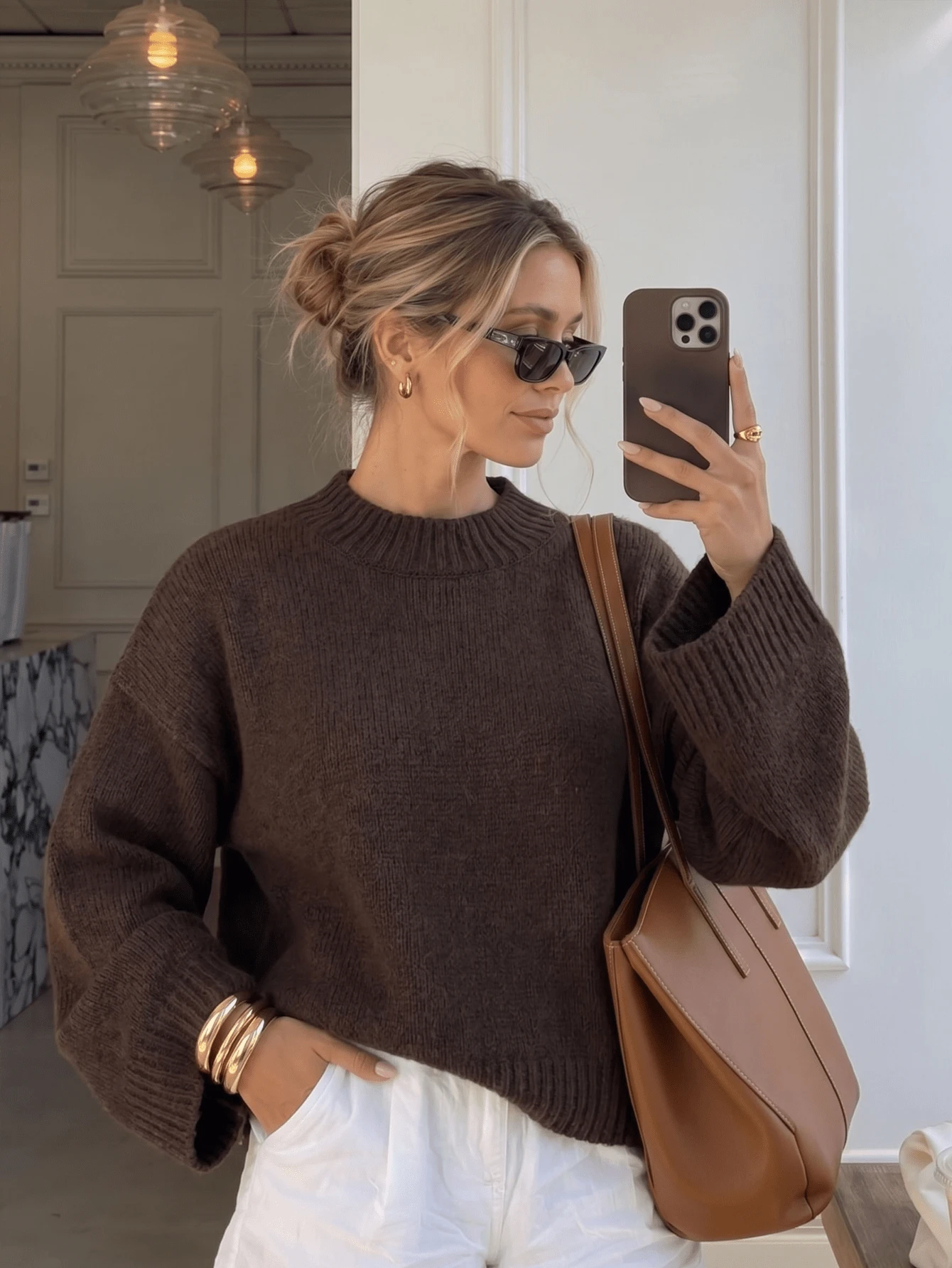 1pc Women's Coffee Brown Semi-High Neck Dropped Shoulder Long Sleeve Knit Sweater, Short Loose Fit Pullover Top, Minimalist Basic Style For Street, Daily Wear, Weekend Gatherings - Coffee Brown - View 1