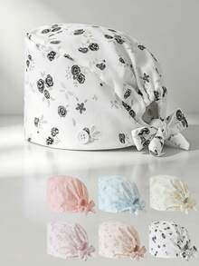 1pc Women's Foam Embroidered Butterfly Rose Floral Print Tie-Up Work Cap, Side Button Design Adjustable Headwrap Hat, Breathable Dust-Proof Beauty Salon Kitchen Protective Cap - Foam Rose Flower - View 1
