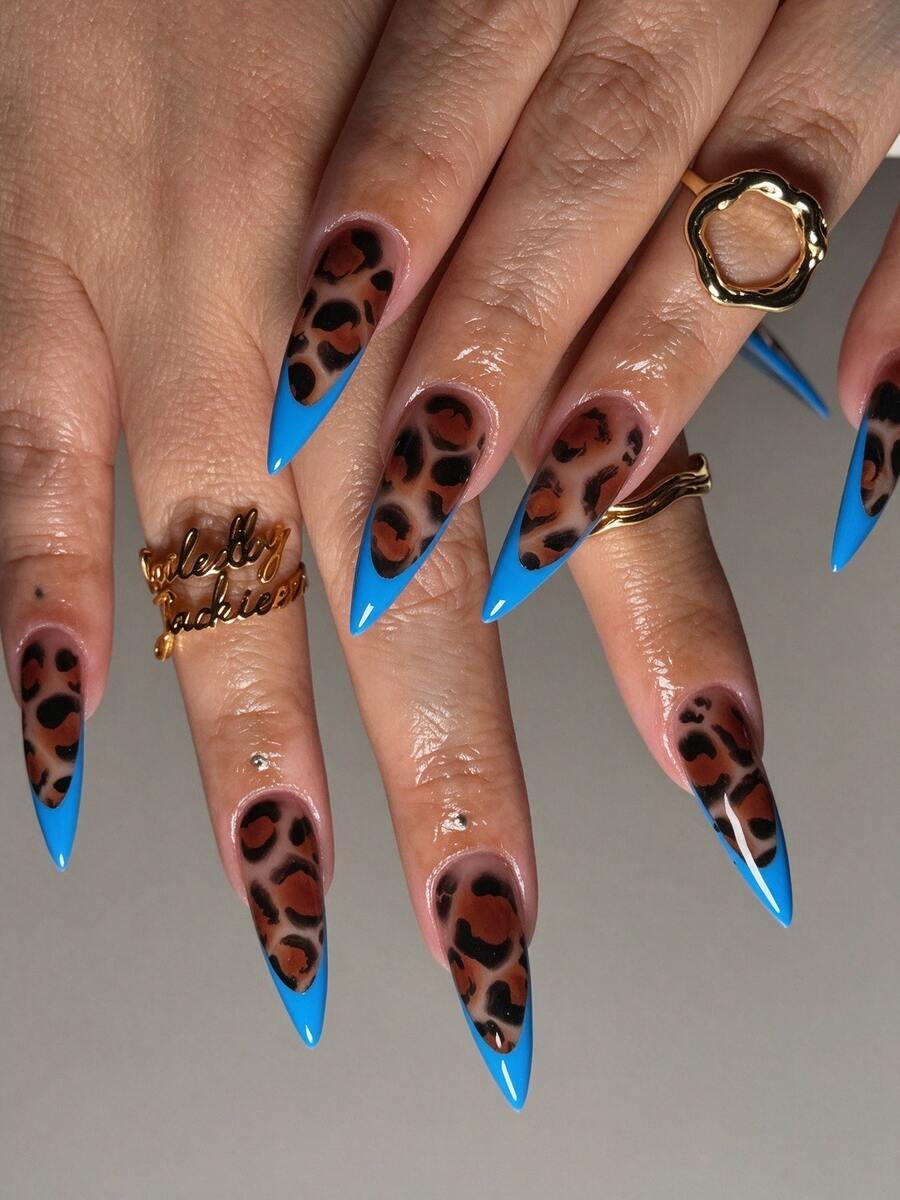 24pcs Autumn/Winter Y2K-Style Leopard Print And Color-Block French-Tip Press-On Nails; Long, Pointed-Shape Artificial Nails Suitable For Daily Wear, Commuting, And Dates. - Multicolor - View 1
