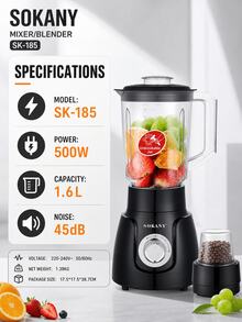 SOKANY 2-In-1 Blender And Grinder, 1.6L Capacity Cup, Ice Crushing, 4 Stainless Steel Blades, 2-Speed And Pulse Control, With Coffee Bean And Spice Grinding Cup, Suitable For Milkshakes And Home Kitchen - Black - View 7