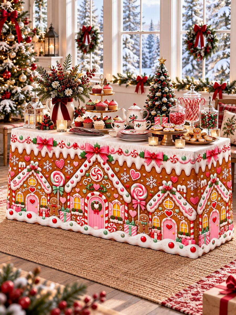 Christmas Table Skirt, Gingerbread House Candy Cane Peppermint Gingerbread Man Print Polyester Table Cover For Dessert Table Buffet, Xmas Holiday Party Dining Room Home Decorations - C - View 1