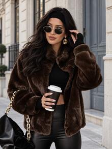 Women's Fashionable Metal Trim Fuzzy Tassel Glitter Long Sleeve Crew Neck Jacket Winter Brown - Brown - View 9