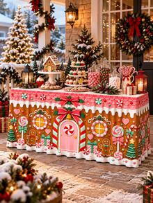 Christmas Gingerbread Table Skirt, Polyester Gingerbread House Candy Cane Peppermint Candy Print Table Cover For Dessert Buffet Cake Table, Xmas Holiday Party Home Decorations - B - View 2
