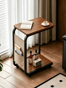 Mobile C-Shaped Sofa Side Table. It Features Double-Tier Storage Surfaces And A Side Storage Pocket. Built With A Sturdy Frame And Space-Saving Design, Perfect For Laptops And Books. Works Great In Living Rooms And Bedrooms. - Random Color - View 3