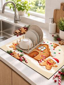 1pc Christmas House Snow Gingerbread Man Flower Kitchen Dish Drying Mat, Absorbent Dish Drying Pad, Coffee Machine Mat, Dishwashing Mat, Sink Mat, Kitchen Countertop Protector, Suitable For Cups, Plates, Tableware And Home Kitchen Decor - Multicolor - View 3
