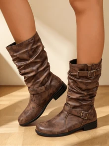 Vintage Brown Distressed Ruched Mid-Calf Women's Boots With Double Metal Buckles, Low Heel Soft Leather Knight Boots, Slimming Casual Boots For Autumn/Winter - Brown - View 7