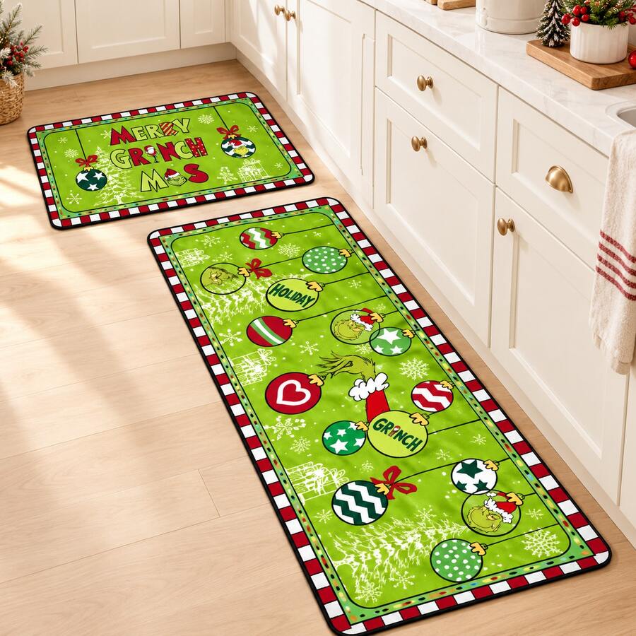 The Grinch 1 pieza Alfombra de cocina navideña, tapete de piso antideslizante con patrón de dibujos animados, decoración festiva para el hogar - Alfombra - Ver 1