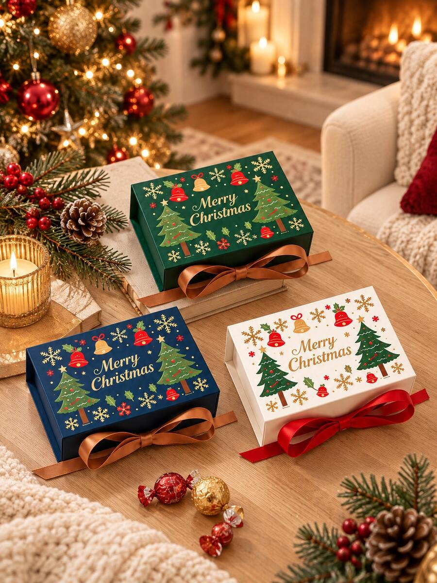 2PCS Christmas Gift Boxes With Ribbon Bows, Elegant Tree, Bell And Snowflake Prints, Holiday Gift Packaging For Christmas Eve And Birthday Parties - View 1