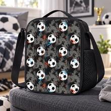Grey Soccer And Hexagon Print Lunch Bag, Suitable For Boys And Children, Black Zipper Handbag With Top Handle, Shoulder Strap And Side Mesh Pocket - BALL-23 - View 1