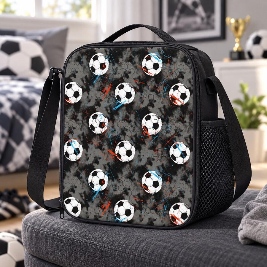 Grey Soccer And Hexagon Print Lunch Bag, Suitable For Boys And Children, Black Zipper Handbag With Top Handle, Shoulder Strap And Side Mesh Pocket - BALL-23 - View 1