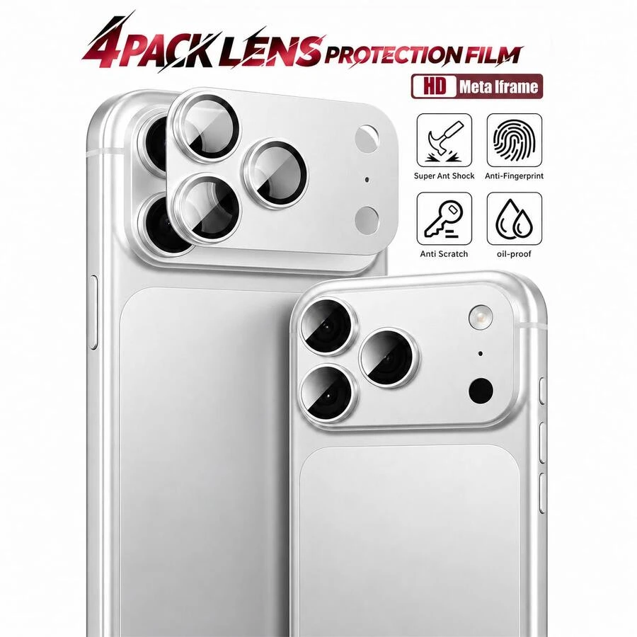 CASECOPS 4片裝銀色合金金屬相機鏡頭保護膜，相容 iPhone 18 Pro/18 Pro Max/17 Pro/17 Pro Max，9H 無縫貼合設計，防刮防指紋，全面防刮防撞，高清鏡頭還原原圖畫質