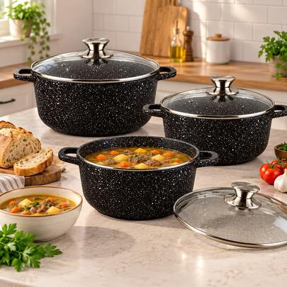 Cooking Pot Set With 3 Matching Lids, 6 Pieces For Simmering, Boiling And Cooking For Gatherings