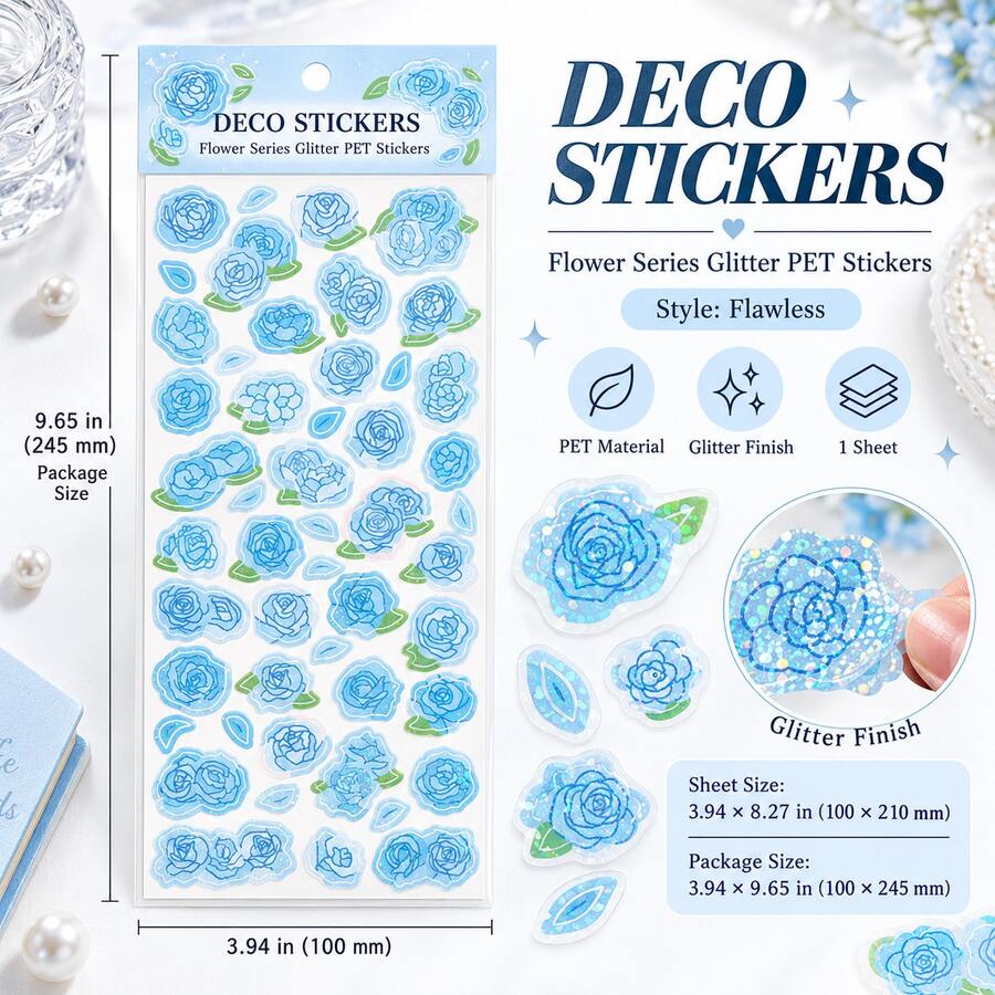 Floral & Petal Series Sequin PET Flat Sticker, INS Style Fresh Flower Planner Material Sticker, DIY Decorative Sticker - Multicolor - View 1