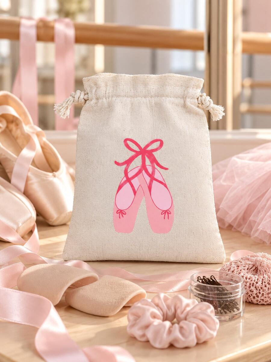 Ballet Dance Drawstring Bag, Linen Ballet Shoe Print Storage Pouch For Dance Class, Training, Pointe Shoes, Hair Accessories & Small Essentials - Multicolor - View 1